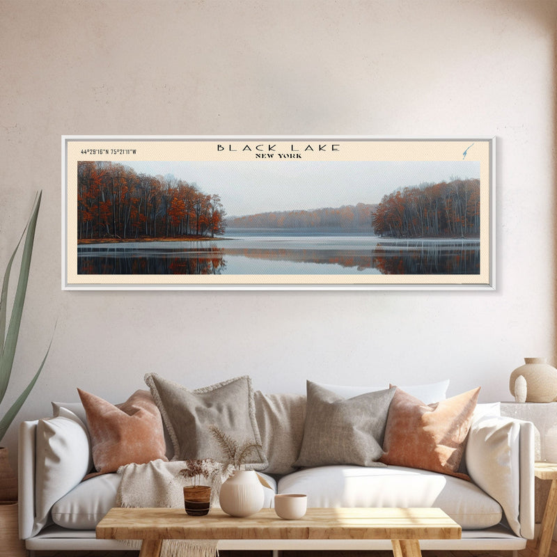 Black Lake New York Framed Canvas Print, Lake House Decor, Panoramic Scenic View, Travel Poster, Modern Art, Lake Painting