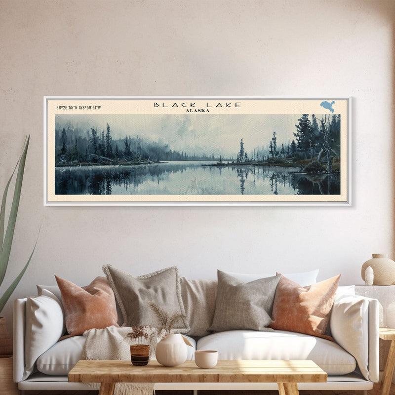 Black Lake USA SW Alaska Framed Canvas Print, Lake House Art, Panoramic Scenic View, Travel Poster, Rustic Art, Lake Painting