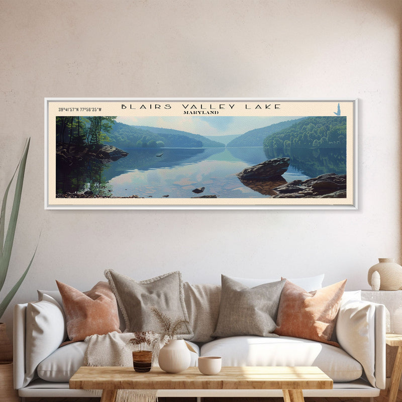 Blairs Valley Lake Maryland Framed Canvas Print, Panoramic Lake House Decor, Scenic View, Travel Poster, Rustic Art, Lake Painting