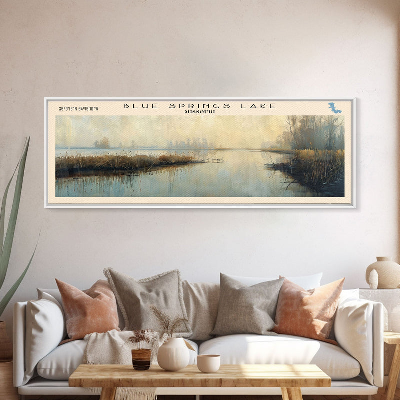 Blue Springs Lake Missouri Framed Canvas Print, Lake House Art, Panoramic Scenic View, Travel Poster, Minimalist Art, Lake Painting