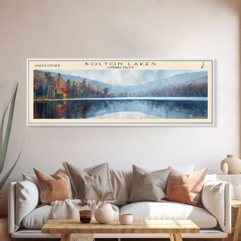 Bolton Lakes Connecticut Framed Canvas Print, Panoramic Lake House Art, Scenic View, Travel Poster, Modern Art, Lake Painting