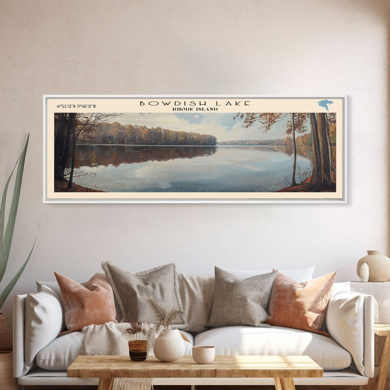 Bowdish Lake Rhode Island Framed Canvas Print, Lake House Art, Panoramic Travel Poster, Wall Art, Modern Lake Painting, Home Decor