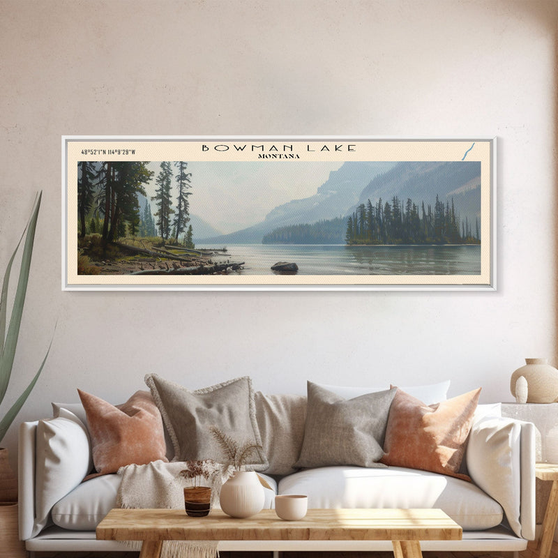 Bowman Lake Montana Framed Canvas Print, Panoramic Lake House Decor, Wall Art, Travel Poster, Rustic Lake Painting, Nature Art