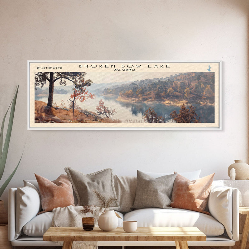 Broken Bow Lake Oklahoma Framed Canvas Print, Panoramic Lake House Art, Wall Art, Travel Poster, Modern Lake Painting, Nature Art