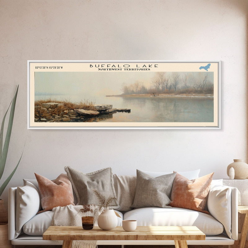 Buffalo Lake Framed Canvas Print, Panoramic Lake House Decor, Wall Art, Travel Poster, Modern Lake Painting, Nature Art