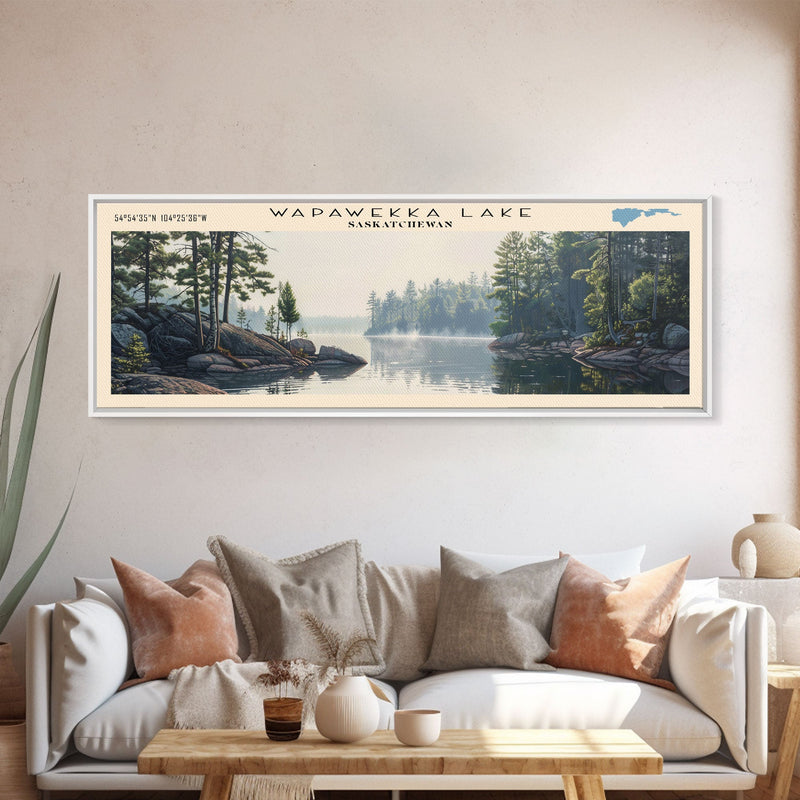 Wapawekka Lake Panoramic Wall Art, Framed Canvas Print, Lake House Decor, Travel Poster, Serene Landscape, Home Decor