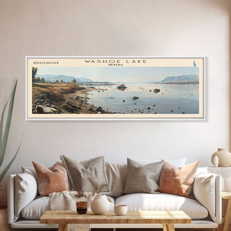 Washoe Lake Nevada Panoramic Wall Art, Framed Canvas Print, Lake House Decor, Travel Poster, Beautiful Lake Scene, Bedroom Decor