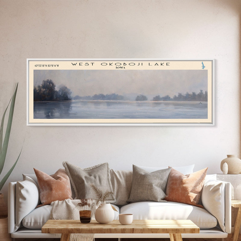 West Okoboji Lake Iowa Panoramic Wall Art, Framed Canvas Print, Lake House Decor, Travel Poster, Serene Landscape, Living Room Art