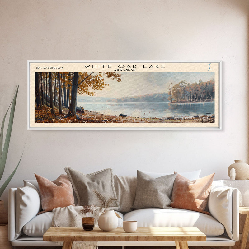 White Oak Lake Arkansas Panoramic Wall Art, Framed Canvas Print, Lake House Decor, Travel Poster, Beautiful Lake Scene, Bedroom Decor