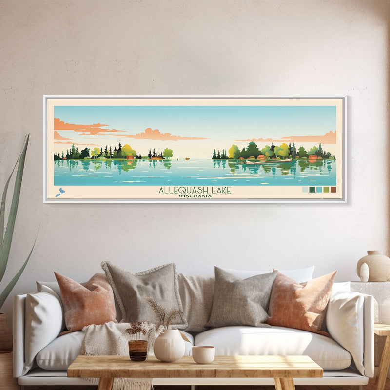 Allequash Lake Wisconsin Framed Canvas Print, Panoramic Wall Art, Midcentury Modern, Pop Art, Travel Poster, Living Room Decor