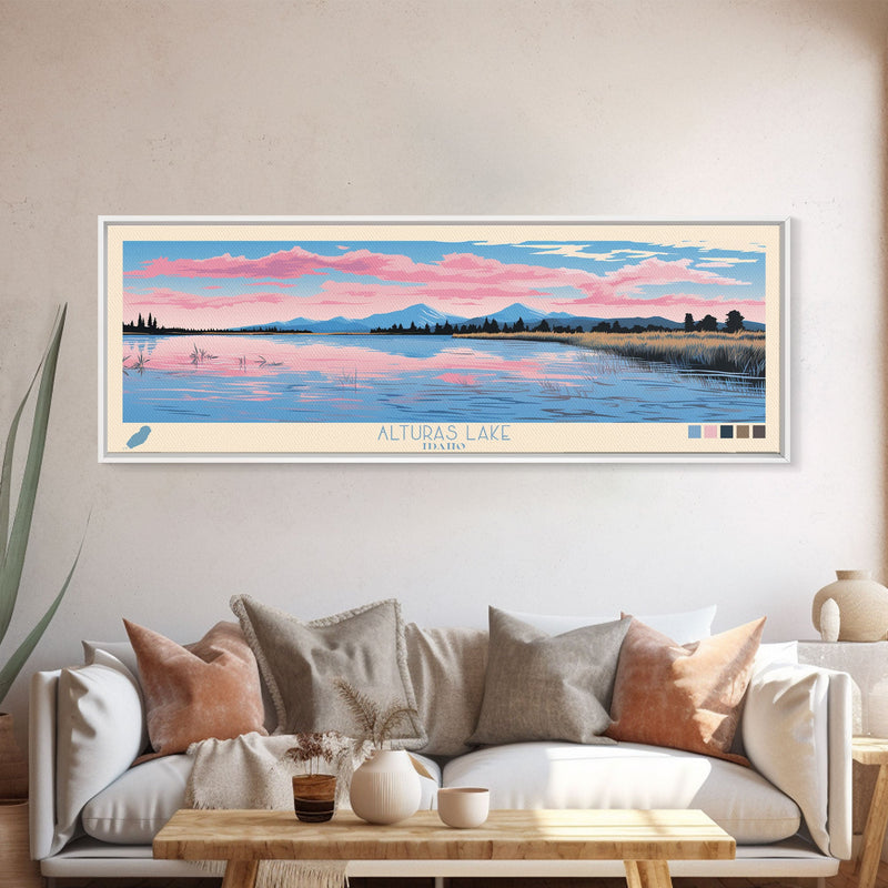 Alturas Lake Idaho Framed Canvas Print, Panoramic Wall Art, Midcentury Modern, Pop Art, Travel Poster, Lake House Decor