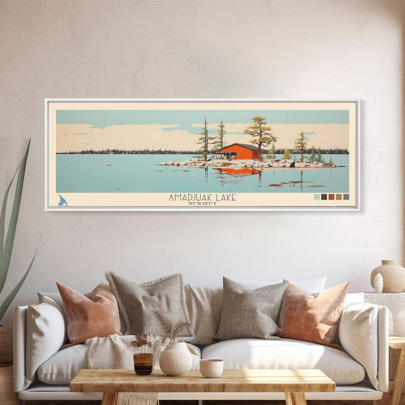 Amadjuak Lake Nunavut Framed Canvas Print, Panoramic Travel Poster, Pop Art, Midcentury Modern Wall Art, Lake House Art