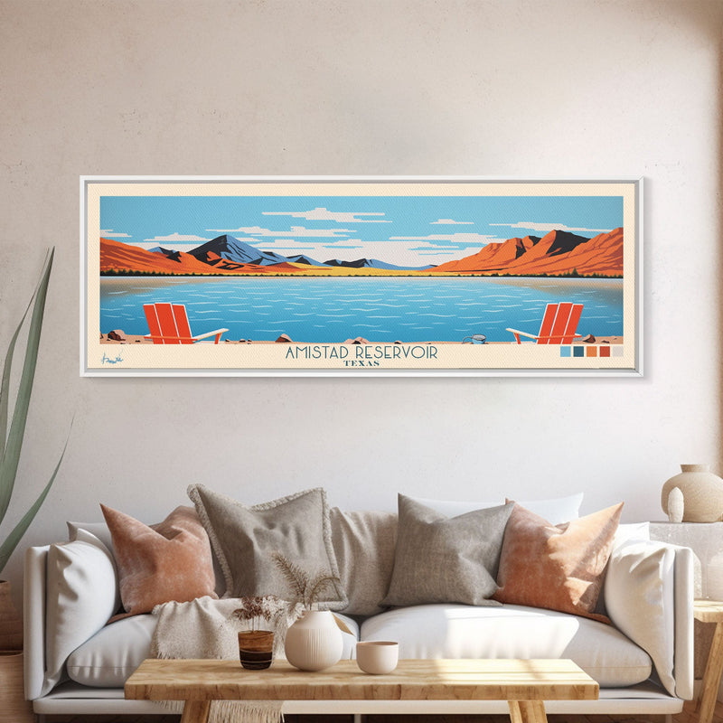 Amistad Reservoir Texas Framed Canvas Print, Panoramic Travel Poster, Midcentury Modern Wall Art, Pop Art, Nature Bedroom Decor