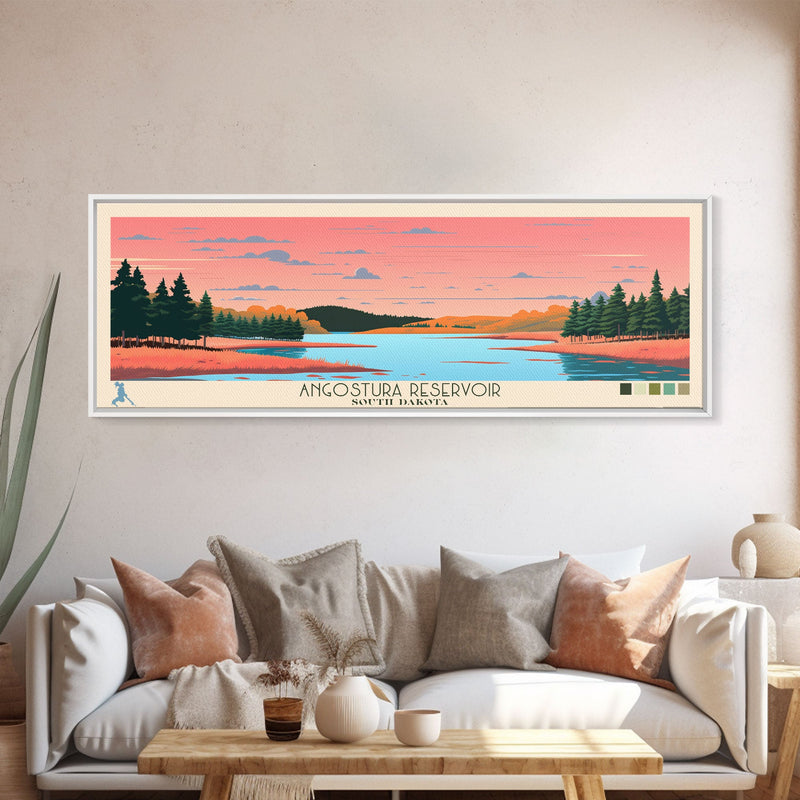 Angostura Reservoir South Dakota Framed Canvas Print, Panoramic Travel Poster, Midcentury Modern Wall Art, Pop Art, Lake House Decor