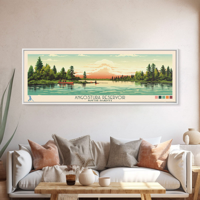 Angostura Reservoir South Dakota Framed Canvas Print, Panoramic Wall Art, Midcentury Modern, Pop Art, Travel Poster, Scenic Bedroom Art