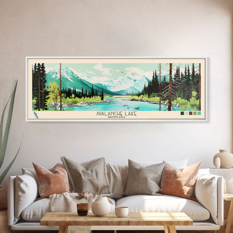 Avalanche Lake Montana Framed Canvas Print, Panoramic Wall Art, Midcentury Modern, Pop Art, Travel Poster, Scenic Living Room Art