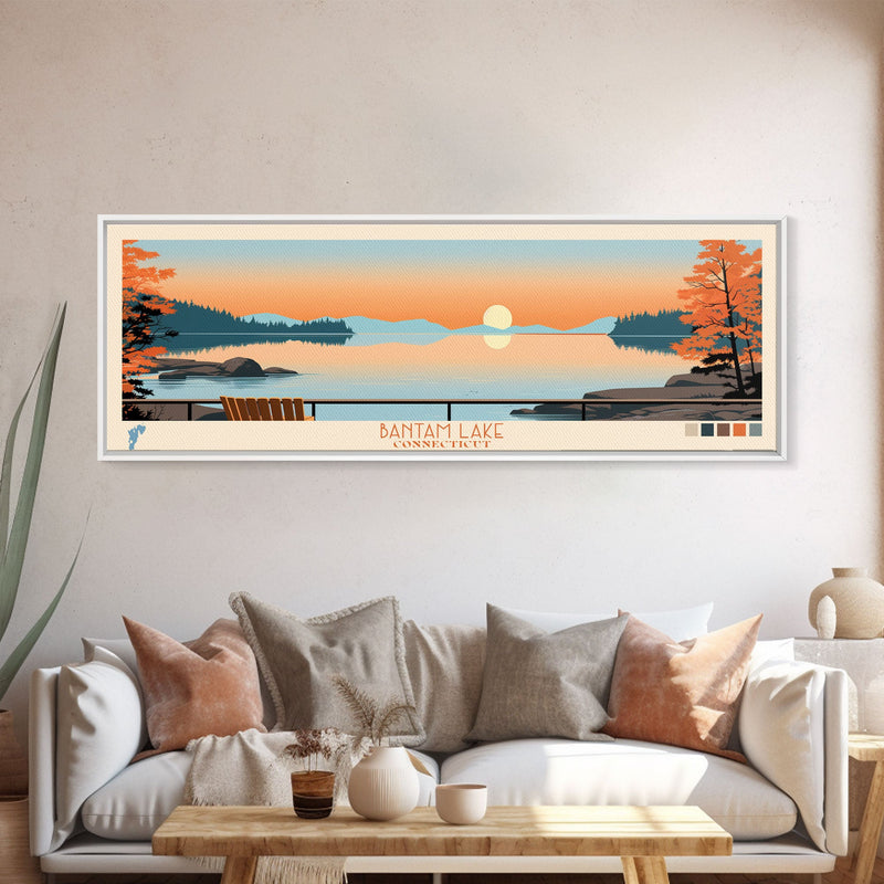 Bantam Lake Connecticut Framed Canvas Print, Panoramic Wall Art, Midcentury Modern, Pop Art, Travel Poster, Scenic Living Room Art