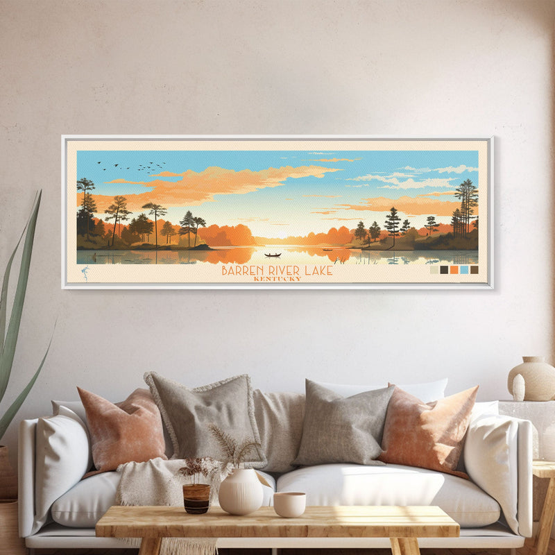 Barren River Lake Kentucky Framed Canvas Print, Panoramic Travel Poster, Midcentury Modern Wall Art, Pop Art, Lake House Decor