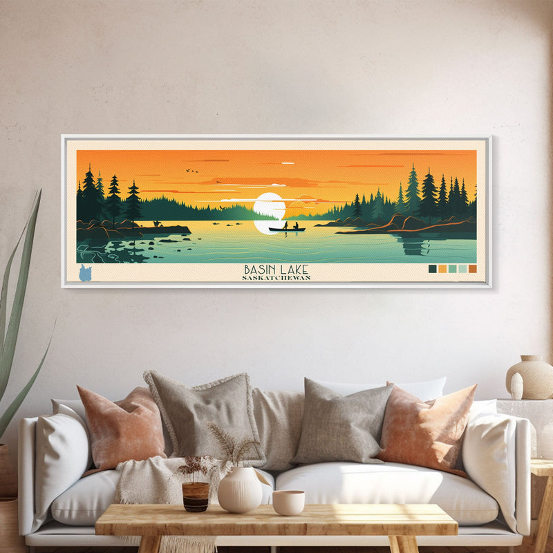 Basin Lake Saskatchewan Framed Canvas Print, Panoramic Wall Art, Midcentury Modern Lake House Decor, Pop Art, Travel Poster, Scenic Living Room Art