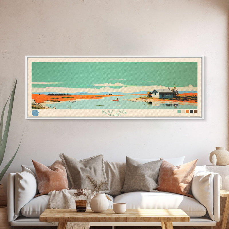 Bear Lake North Slope Alaska Framed Canvas Print, Panoramic Travel Poster, Midcentury Modern Wall Art, Pop Art, Lake House Decor, Nature Art