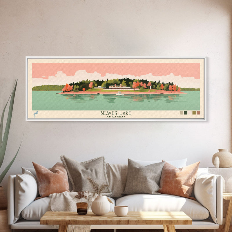 Beaver Lake Arkansas Framed Canvas Print, Panoramic Wall Art, Midcentury Modern, Pop Art, Travel Poster, Scenic Lake House Art, Bedroom Decor