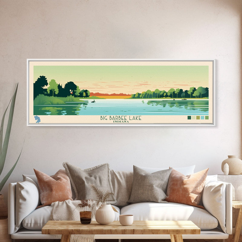 Big Barbee Lake Indiana Framed Canvas Print, Panoramic Travel Poster, Midcentury Modern Wall Art, Pop Art, Nature Living Room Art, Lake House Decor