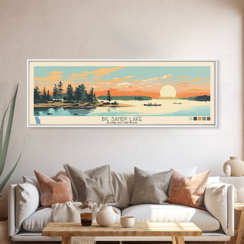 Big Sandy Lake Saskatchewan Framed Canvas Print, Panoramic Travel Poster, Midcentury Modern Wall Art, Pop Art, Lake House Decor, Nature Art