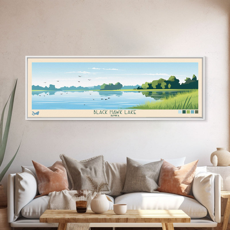 Black Hawk Lake Iowa Framed Canvas Print, Panoramic Travel Poster, Midcentury Modern Wall Art, Pop Art, Nature Bedroom Art, Scenic Lake House Decor