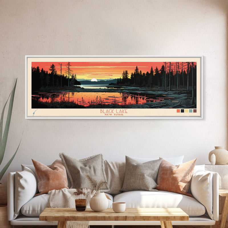 Black Lake New York Framed Canvas Print, Panoramic Wall Art, Midcentury Modern, Pop Art, Travel Poster, Scenic Living Room Art, Lake House Decor