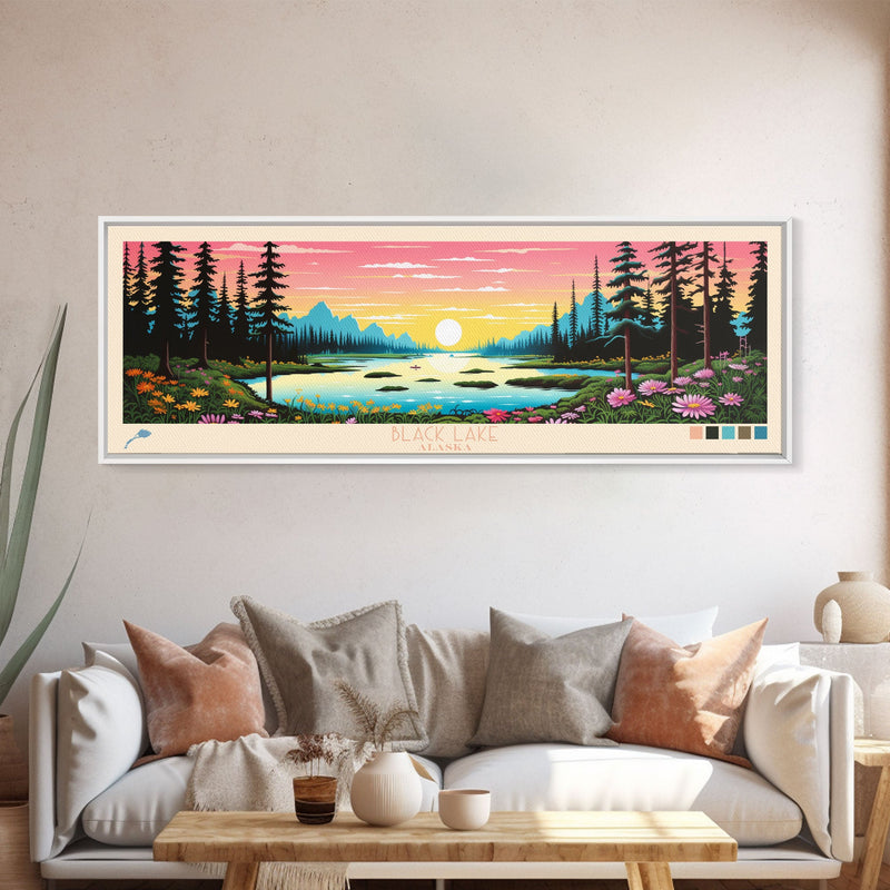 Black Lake Southwest Alaska Framed Canvas Print, Panoramic Travel Poster, Midcentury Modern Wall Art, Pop Art, Nature Bedroom Decor, Scenic Lake House Art