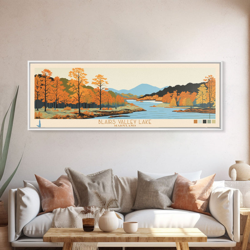 Blairs Valley Lake Maryland Framed Canvas Print, Panoramic Travel Poster, Midcentury Modern Wall Art, Pop Art, Nature Bedroom Art, Scenic Lake House Decor