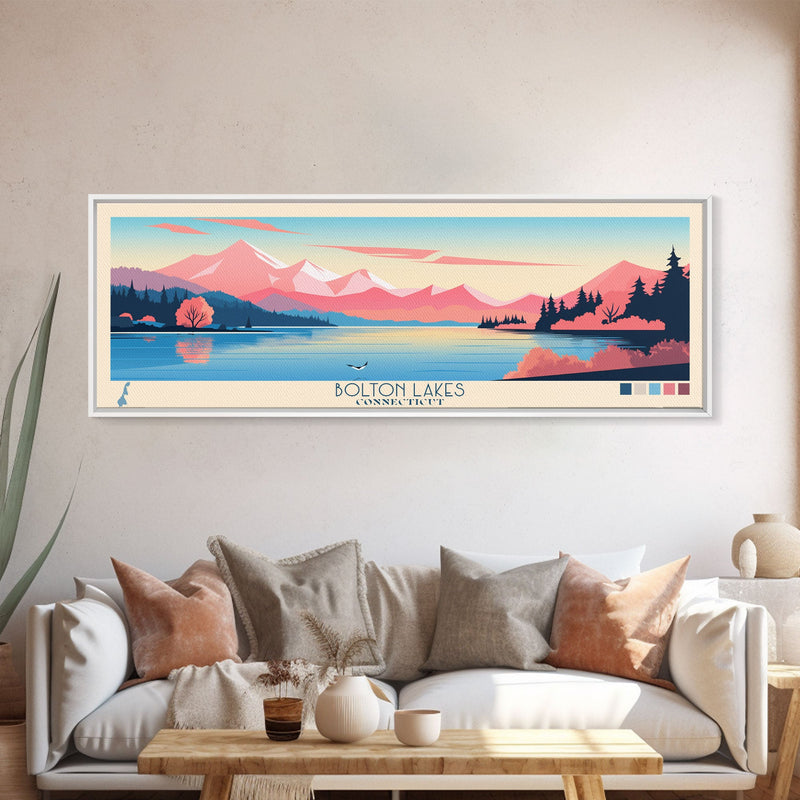 Bolton Lakes Connecticut Framed Canvas Print, Panoramic Wall Art, Midcentury Modern, Pop Art, Travel Poster, Scenic Living Room Art, Lake House Decor