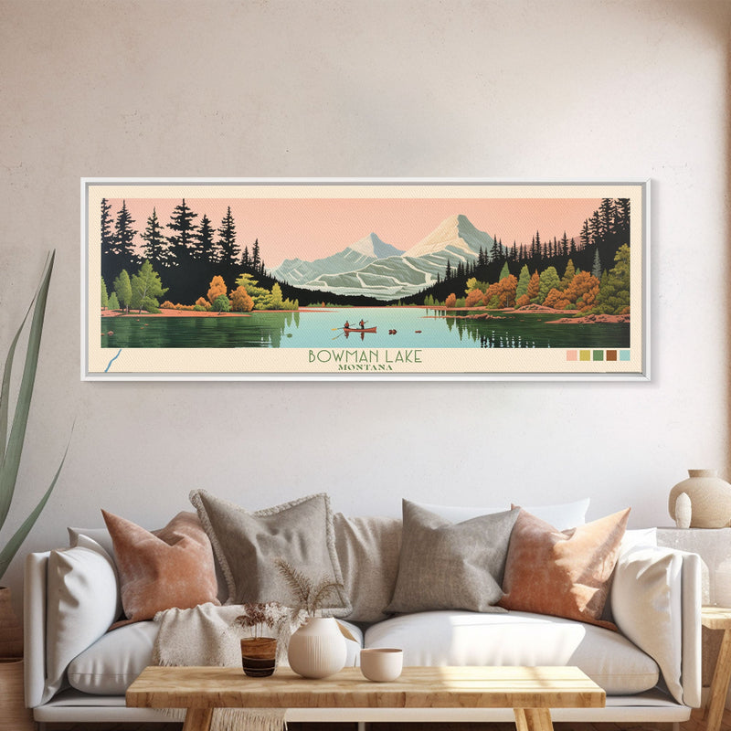 Bowman Lake Montana Framed Canvas Print, Panoramic Wall Art, Midcentury Modern, Pop Art, Travel Poster, Scenic Living Room Art, Lake House Decor