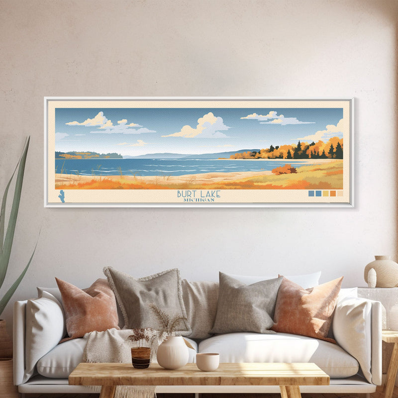 Burt Lake Michigan Framed Canvas Print, Pop Art Panoramic Travel Poster, Midcentury Modern, Wall Art, Scenic Nature Painting, Bedroom Decor