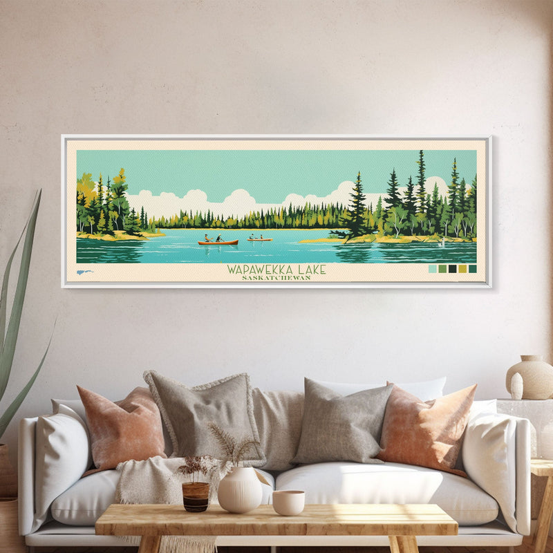 Wapawekka Lake, Saskatchewan Framed Canvas Print, Panoramic Lake House Decor, Midcentury Modern Art, Pop Art, Travel Poster, Bedroom Wall Art