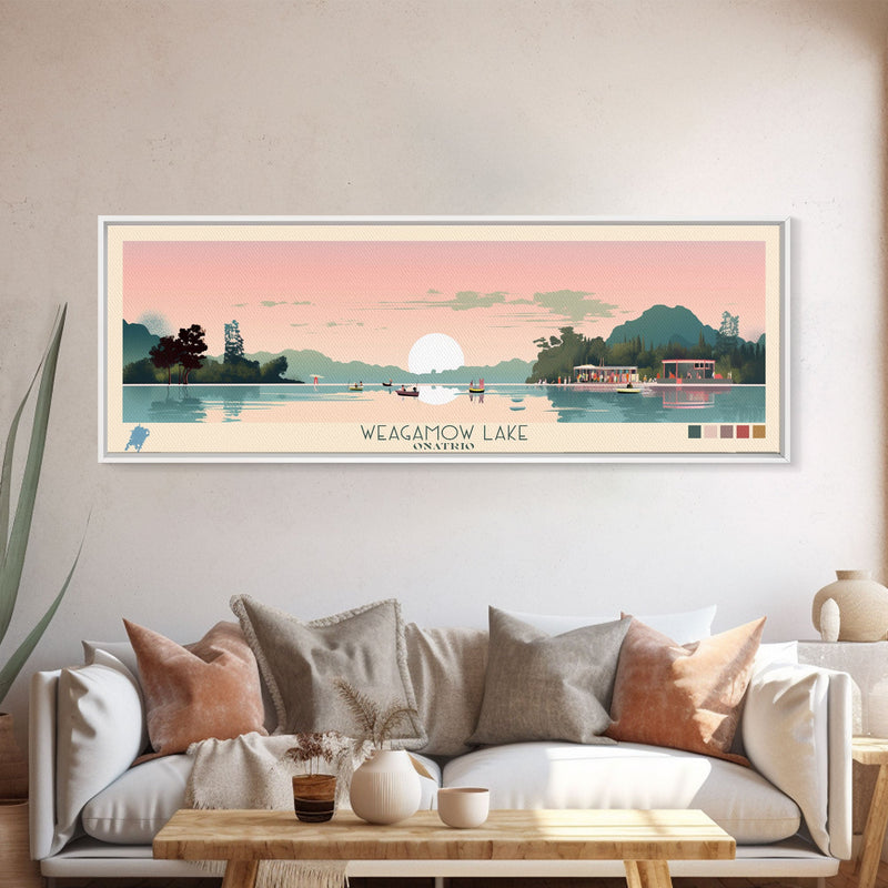 Weagamow Lake, Ontario Panoramic Framed Canvas Print, Lake House Art, Midcentury Modern Decor, Pop Art, Travel Poster, Wall Art