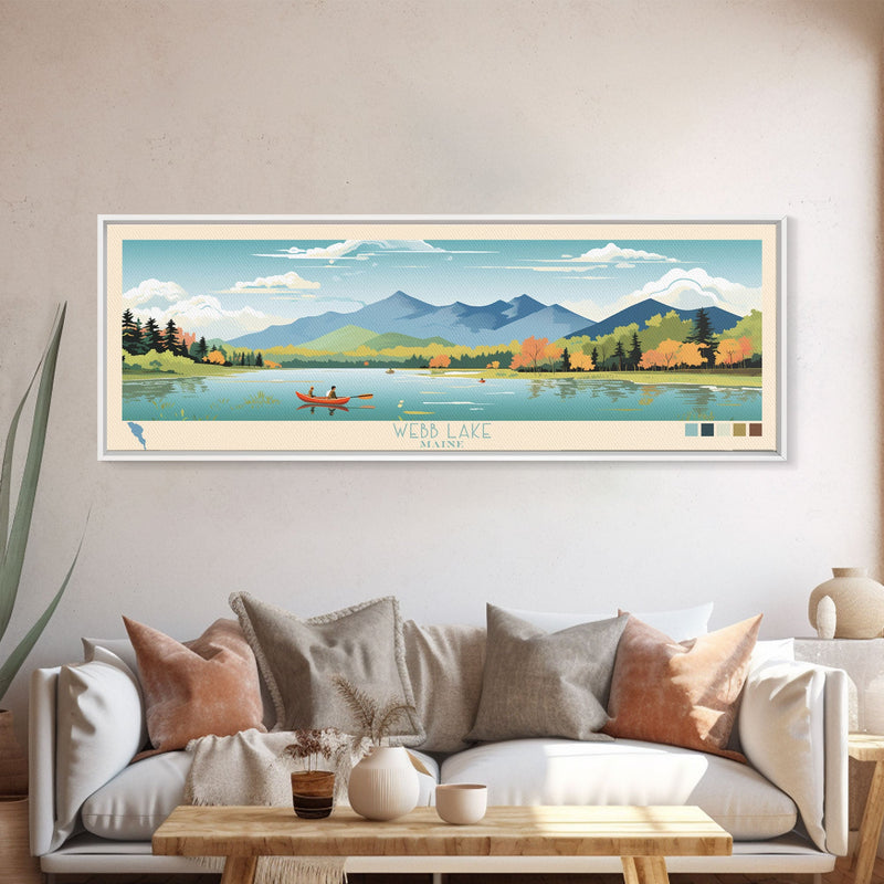 Webb Lake, Maine Framed Canvas Print, Midcentury Modern Lake House Decor, Panoramic Art, Pop Art, Travel Poster, Living Room Wall Art