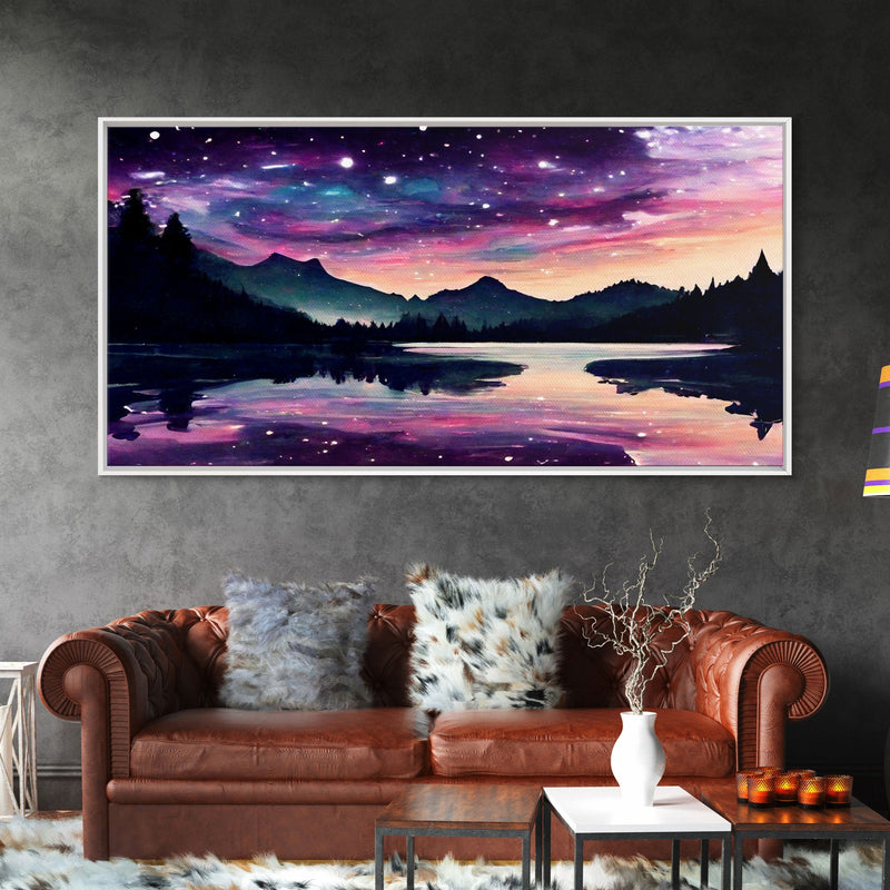 Beautiful lake at night canvas print, purple and pink sunset night sky, wall art canvas, lake front view, guest room wall art