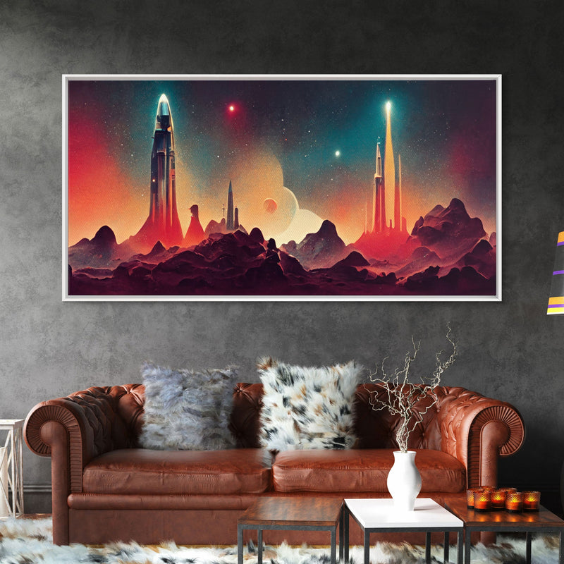 Art deco style space canvas print, space ship art, space art, outrun style, sci-fi themed art print, science fiction wall art