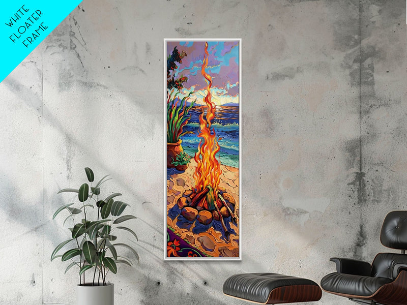 Abstract Canvas Painting of Campfire on Beach, Beachy Wall Art, Tall and Narrow Vertical Wall Art, Canvas Painting Printed and Framed