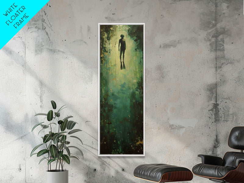 Abstract Canvas Painting of Underwater Diver, Modern Framed Wall Art, Dark Wall Art for Living Room, Tall and Narrow Wall Art Print