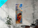 Red Boat on Sandy Shore with Palm Trees - Framed Canvas Print, Midcentury Modern Wall Art, Skinny Art, Tall Art, Living Room Decor