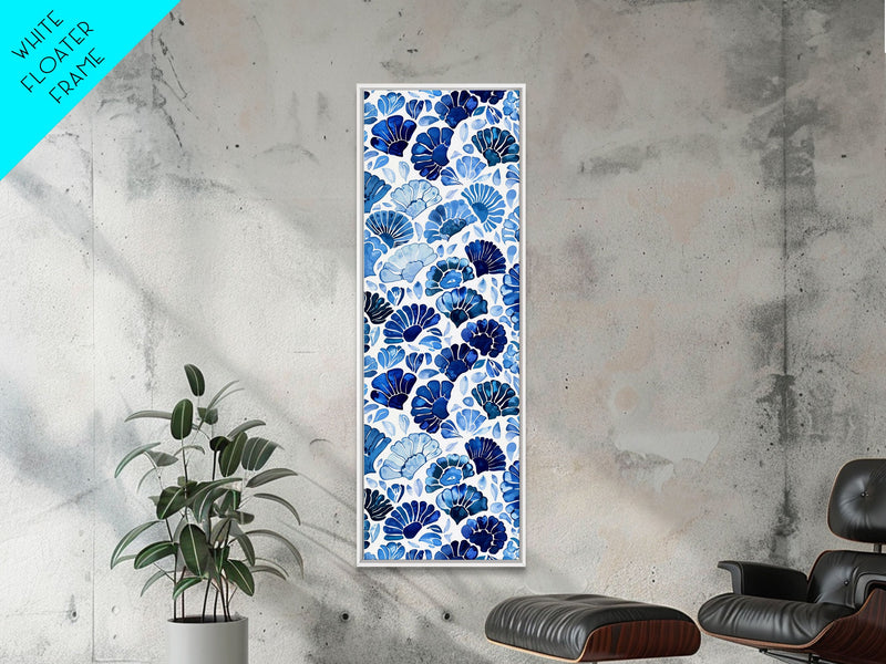 Blue and White Floral Pattern on White Background - Framed Canvas Print, Boho Art, Skinny Art, Tall Art, Midcentury Modern Art, Bedroom Wall Decor