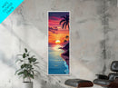 Coastal Sunset Palm Trees Midcentury Modern Art - Framed Canvas Print, Boho Art, Skinny Art, Living Room Art, Bedroom Decor, Tropical Landscape