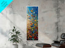 Burst of Colorful Butterflies in a Floral Meadow, Skinny and Tall Art, Energetic Framed Canvas Print, Vibrant Wall Art
