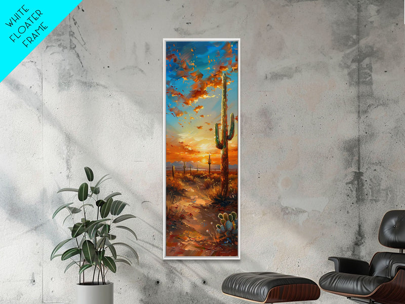 Arizona Desert Landscape with Saguaro Cactus at Sunset on a Framed Canvas Print Skinny Art Piece