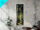 Serene Birch Tree Pathway in Tall Skinny Art Framed Canvas Print Perfect for Tranquil Wall Decor in Bedrooms or Study Rooms