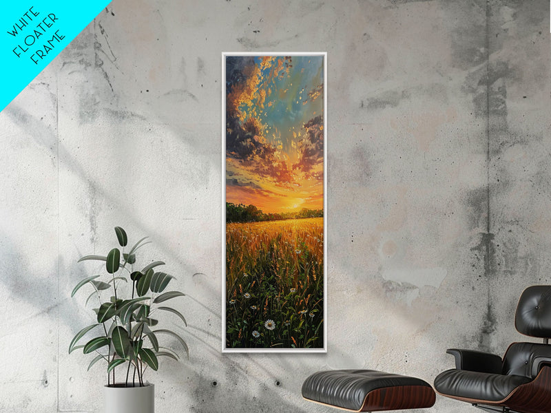 Wheat Fields At Sunset Framed Canvas Print - Beautiful Wall Art - Skinny Art - Tall Art - Statement Piece - Living Room Decor