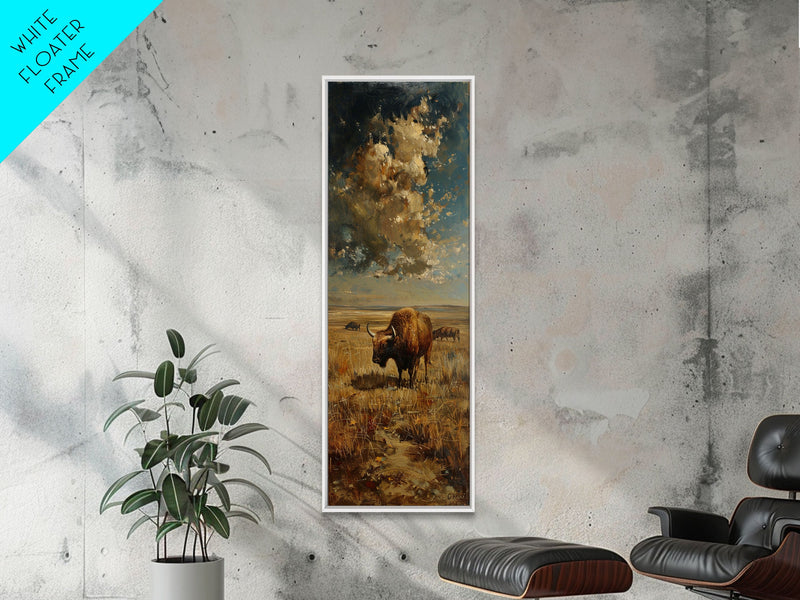 Wild Buffalo On The Oklahoma Prairie, Framed Canvas Print, Minimalist Farmhouse Decor Oil Painting Print