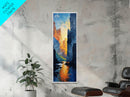 Sunset Peaks Through The Mountain Valley, Framed Canvas Print, Retro MCM Inspired Landscape Painting, Living Room Or Office Decor